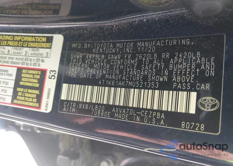 2021 Toyota Camry Xse z USA, uszkodzony, nr VIN 4T1K61AK7MU521353